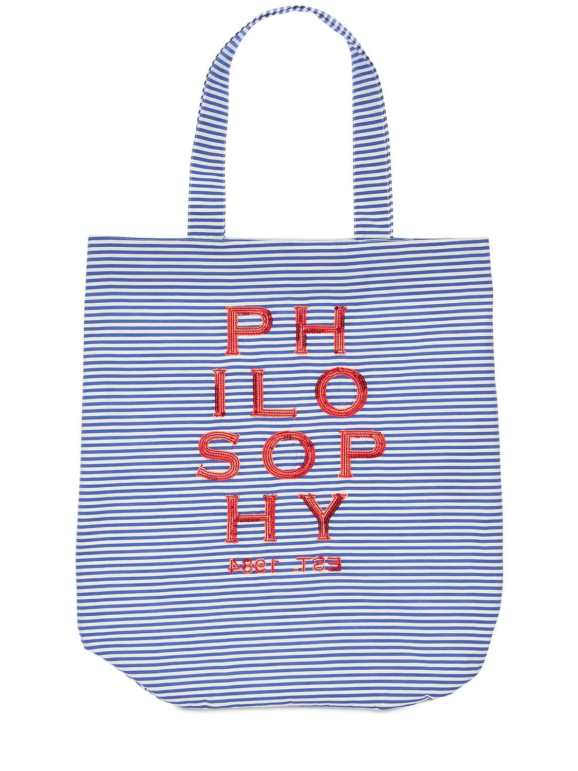 Philosophy Di Lorenzo Serafini Kids' Striped Poplin Bag W/ Sequined Logo In White,blue
