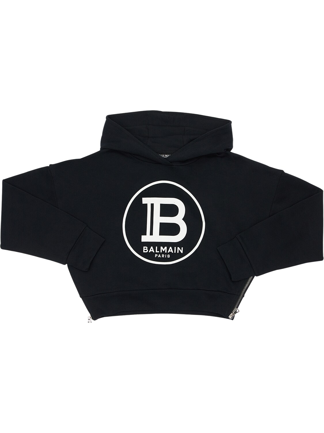 Balmain Kids' Cropped Sweatshirt Hoodie W/ Flock Print In Black