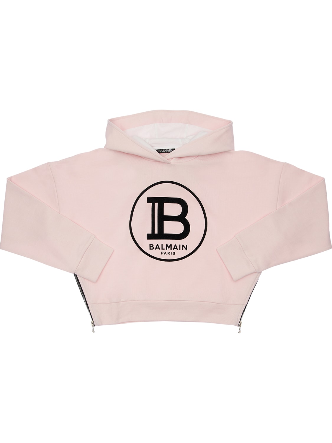 Balmain Kids' Cropped Sweatshirt Hoodie W/ Flock Print In Pink