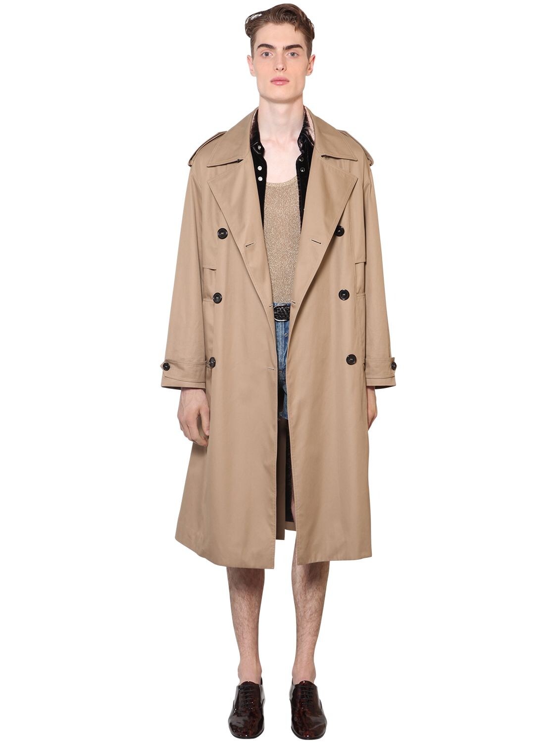 Saint Laurent Precieux Double Breasted Cotton Trench In Beige