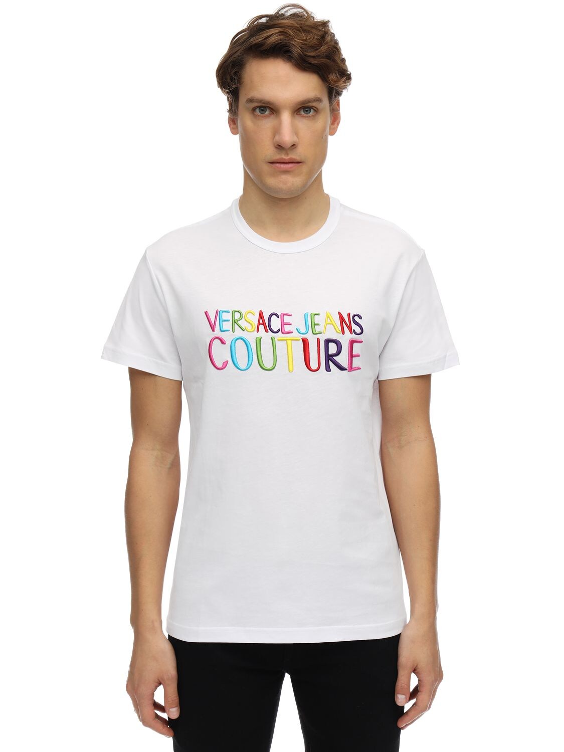 VERSACE JEANS COUTURE LOGO EMBROIDERED COTTON JERSEY T-SHIRT,71I26A014-MDAZ0