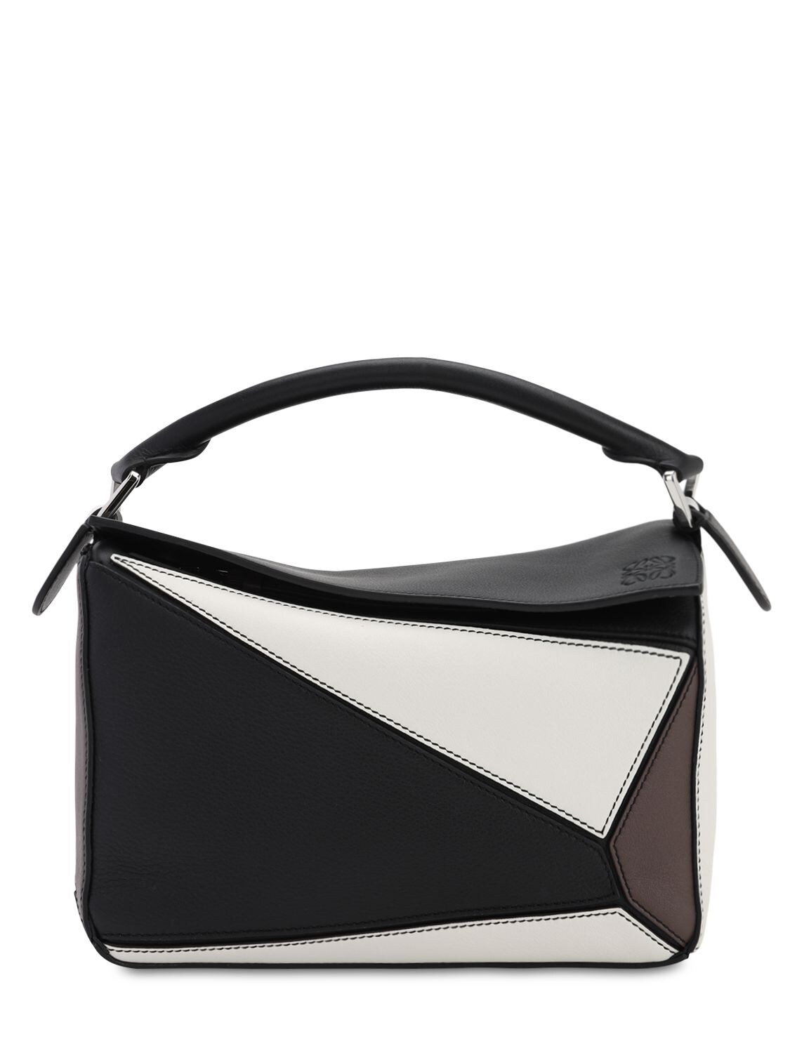 Loewe Small Puzzle Leather Color Block  Bag In Black,tope