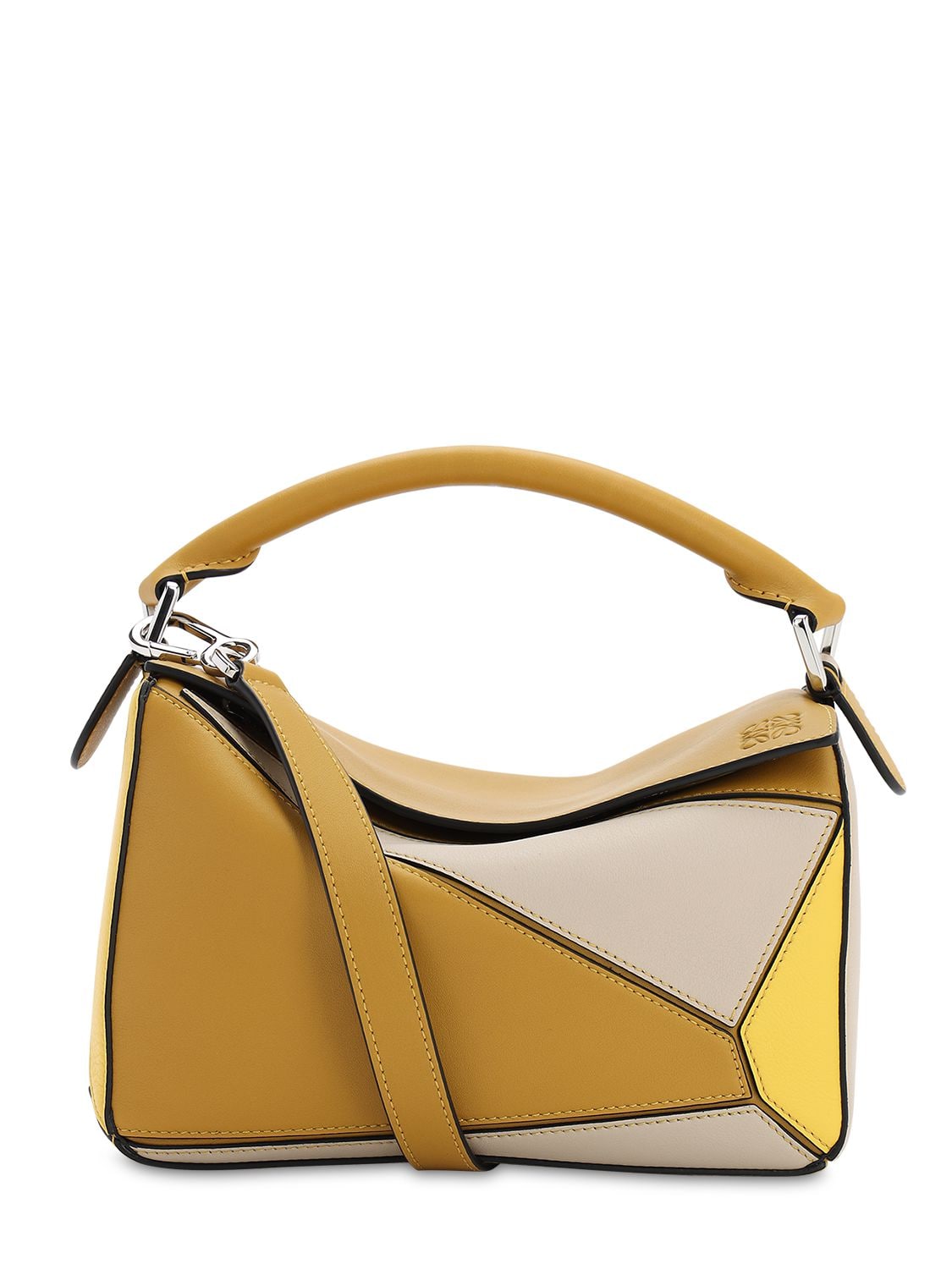 Loewe Small Puzzle Leather Color Block  Bag In Ocra,yellow