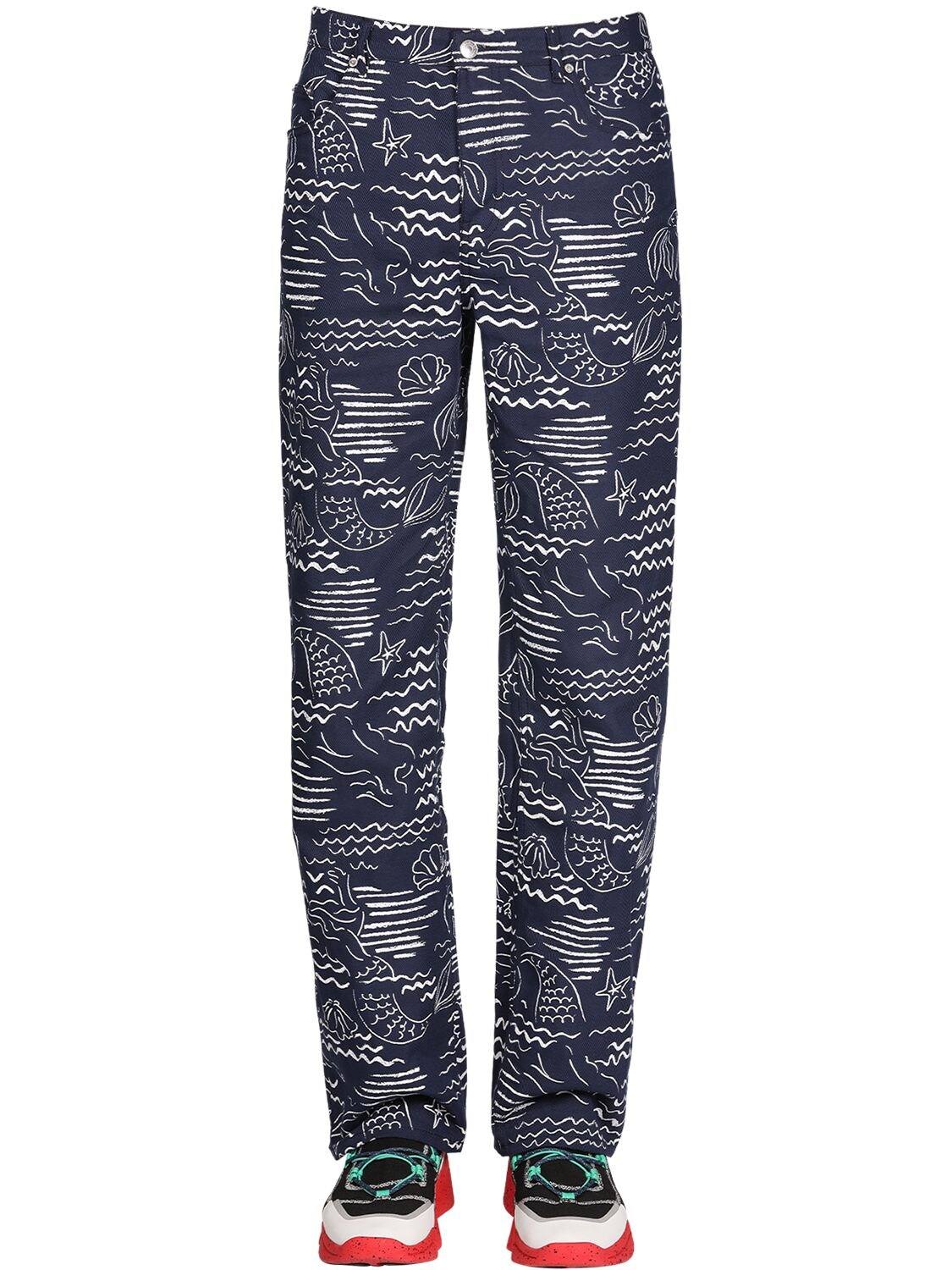 Kenzo Allover Marina Print Cotton Blend Jeans In Blue,white