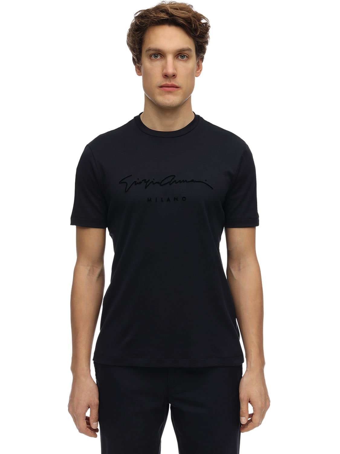 GIORGIO ARMANI SIGNATURE FLOCKED LOGO COTTON T-SHIRT,71I3G8009-VUJTRW2