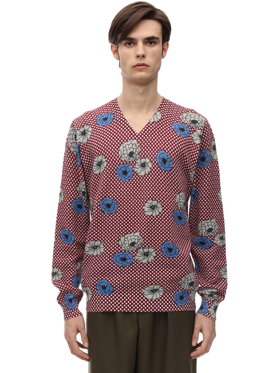 MARNI FLORAL PRINT V NECK COTTON KNIT SWEATER,71I3HA009-U1RCNDQ1