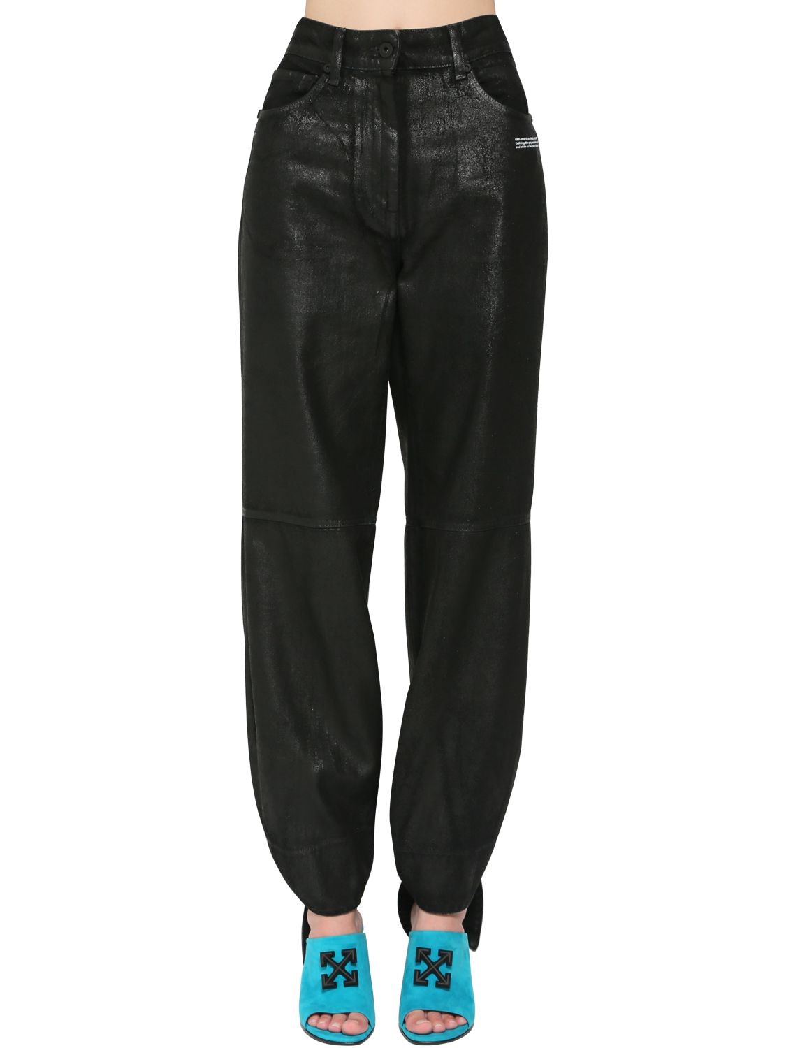 Off-white Tied Ankles Coated Wide Leg Jeans In Black
