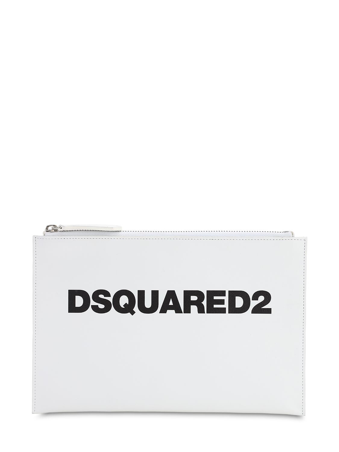 Dsquared2 Printed Logo Leather Pouch In White