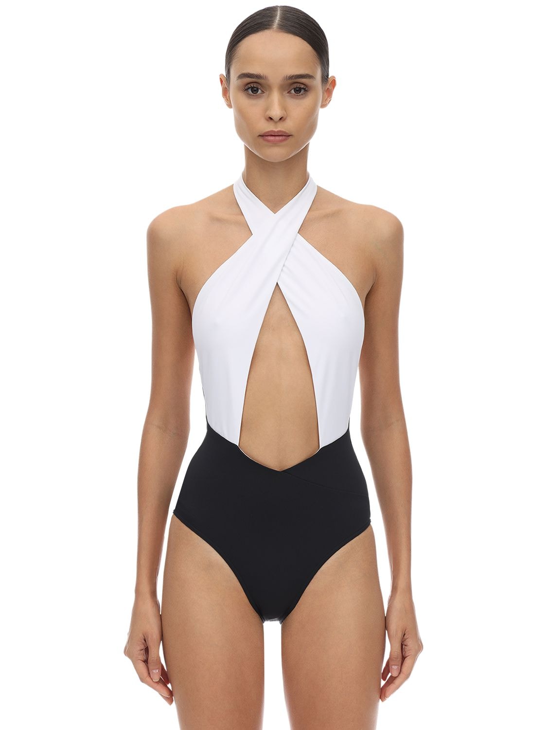 Balmain Bicolor Lycra One Piece Swimsuit In Black,white