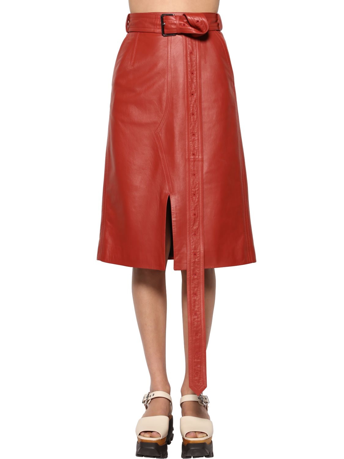 Marni Leather Midi Skirt In Rust