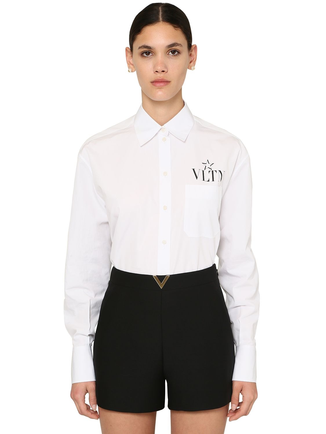 Valentino Star Vltn Print Cotton Poplin Shirt In White,black | ModeSens