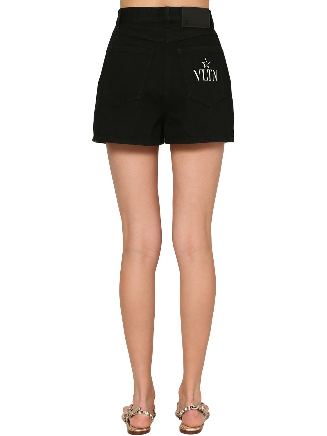 Valentino Vltn Star Print Denim Shorts In Black