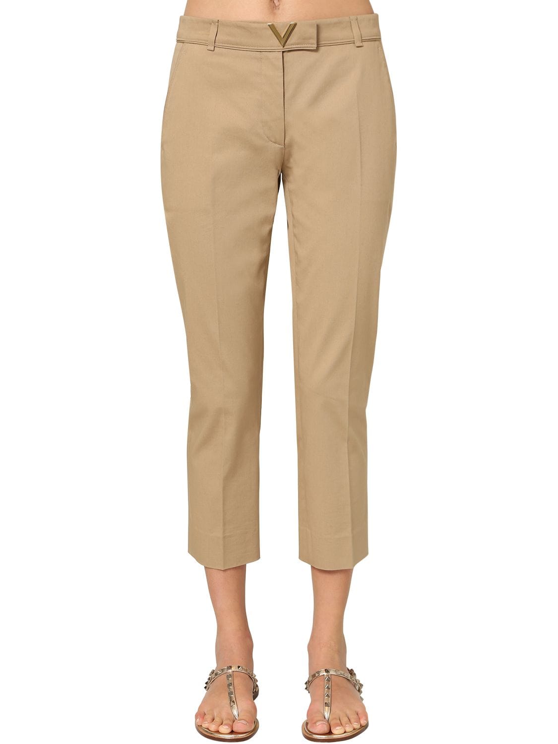 Valentino Metal V Logo Cotton Canvas Chino Pants In Beige