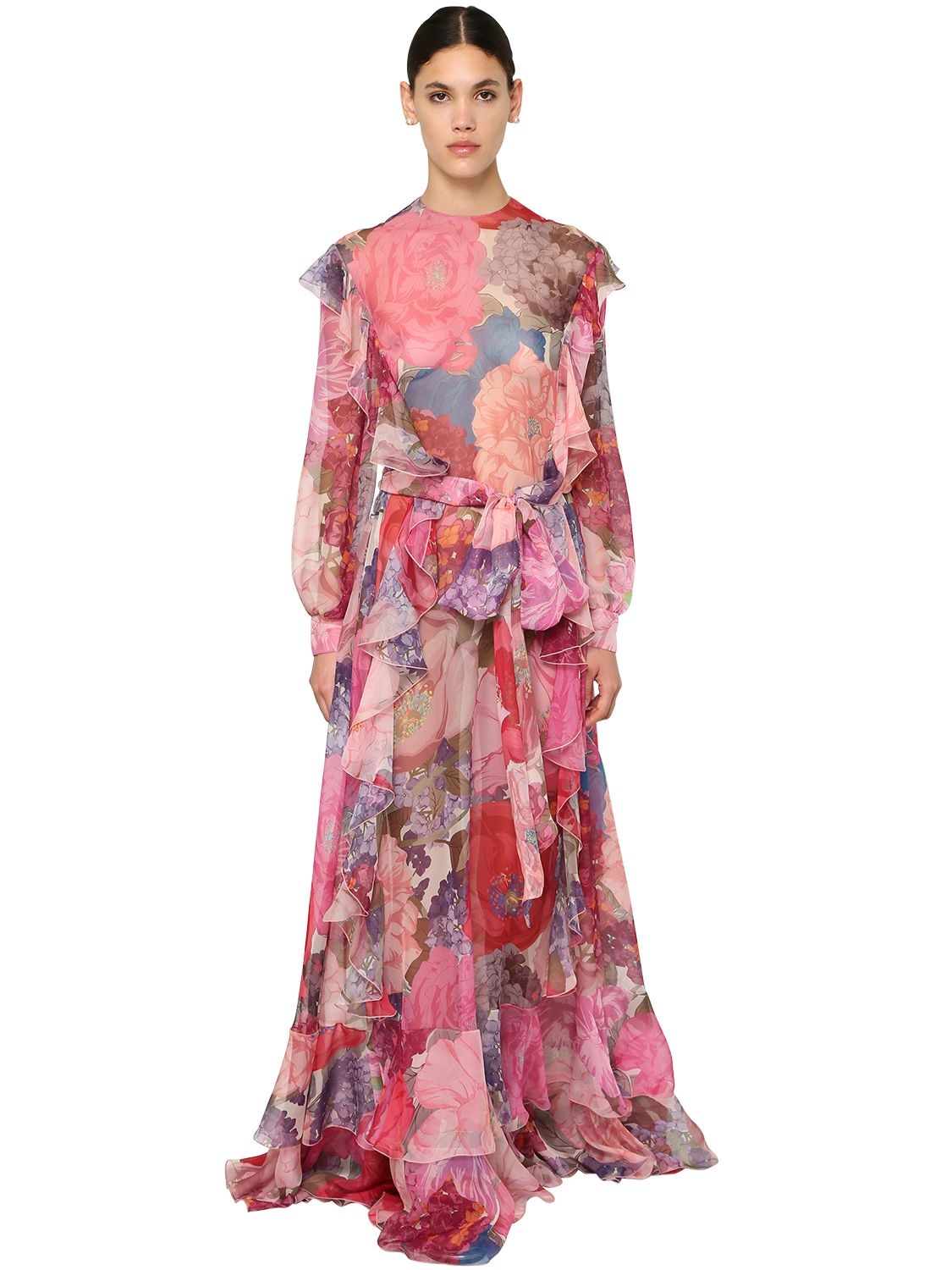 Valentino Floral-print Ruffled Belted Chiffon Gown In Pink | ModeSens