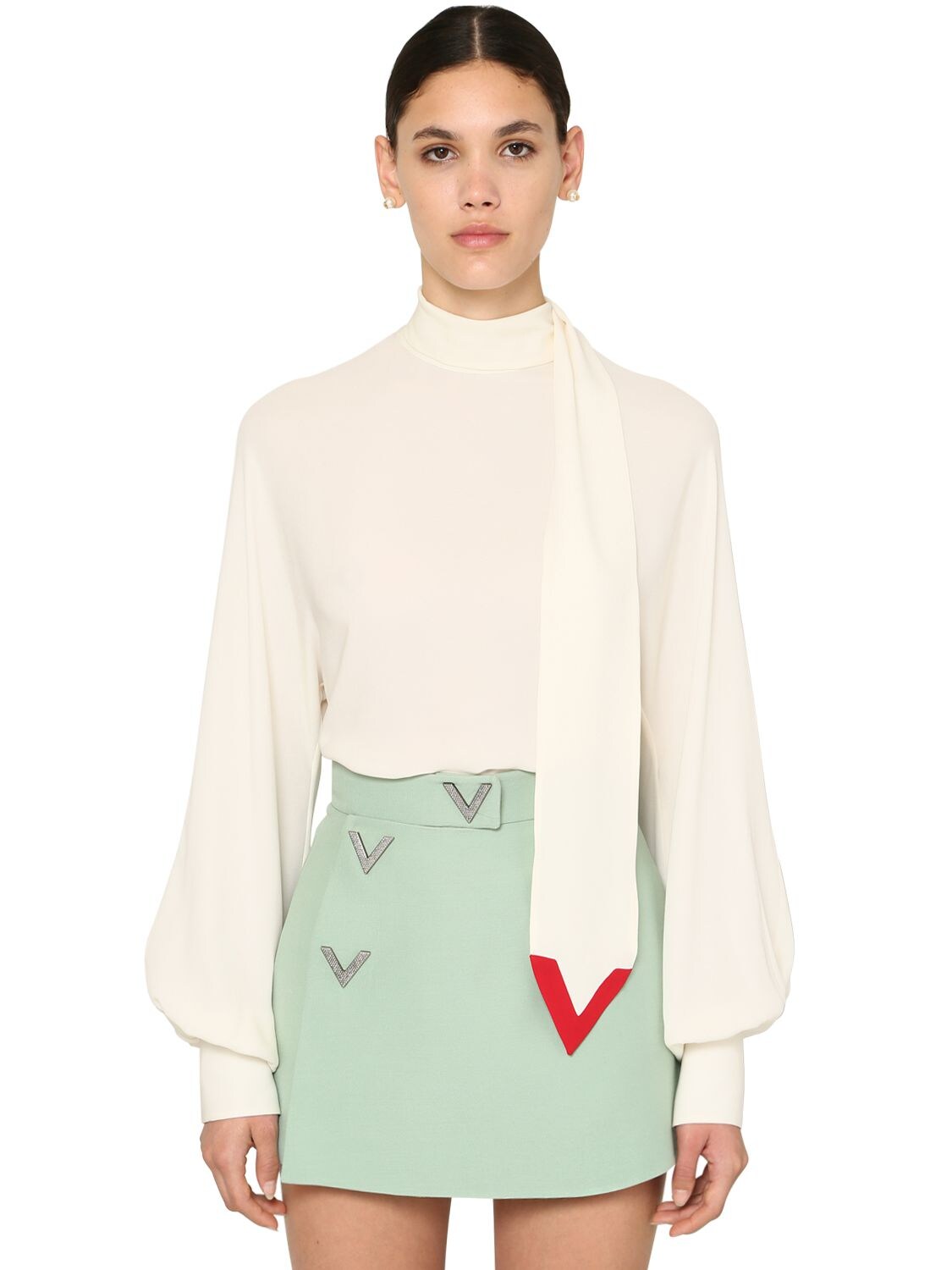 Valentino V-neck Tie Silk-georgette Blouse In Ivory