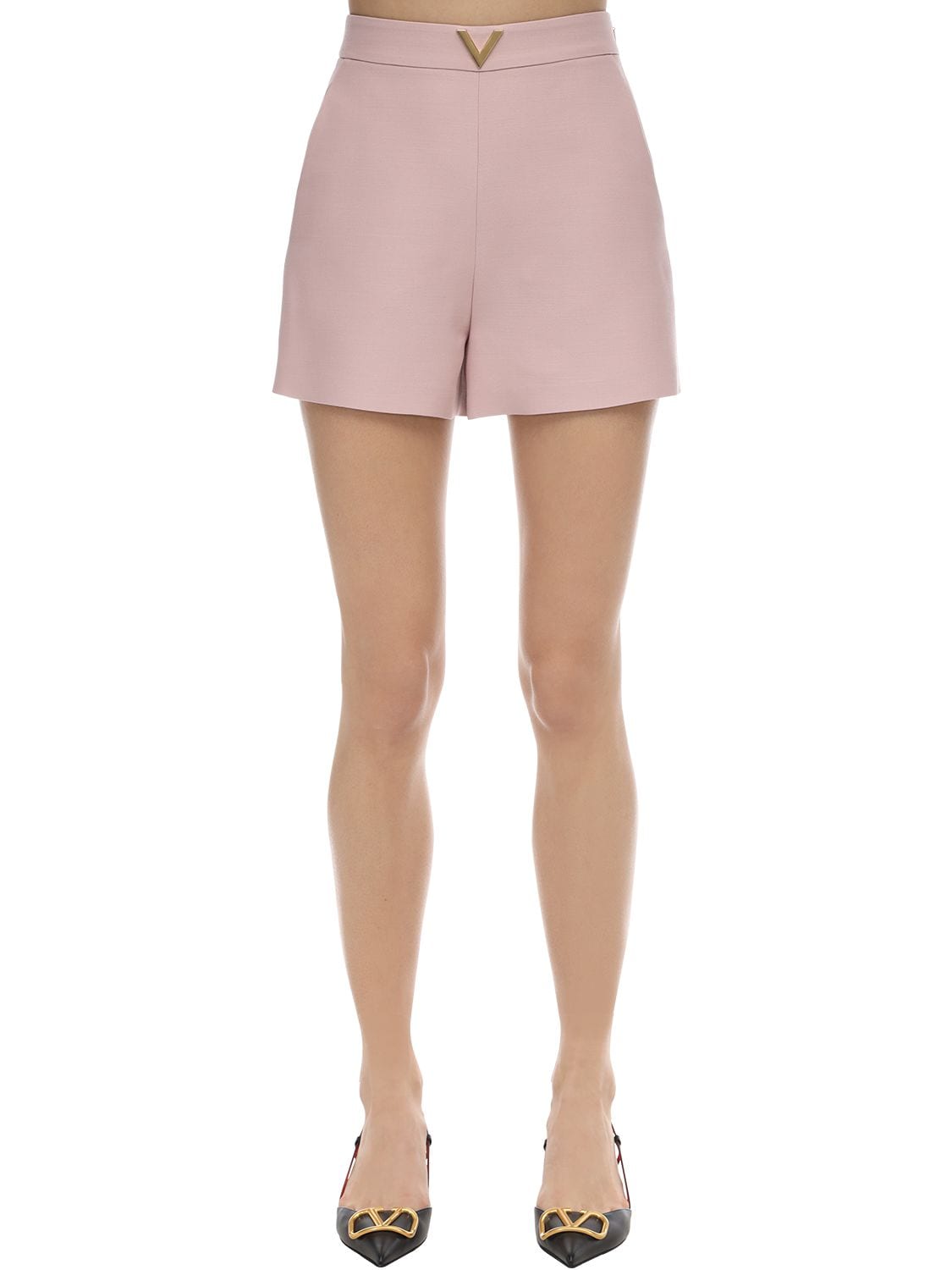 Valentino Metal V Logo Crepe Couture Shorts In Light Pink