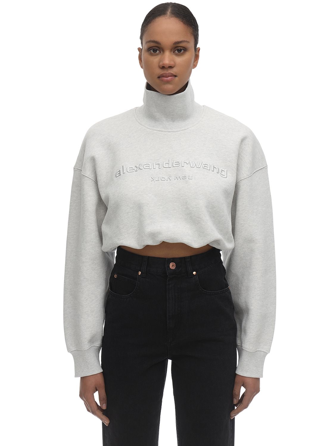 Alexander Wang Embroidered Cropped Cotton Mock-neck Sweatshirt Light Grey ModeSens
