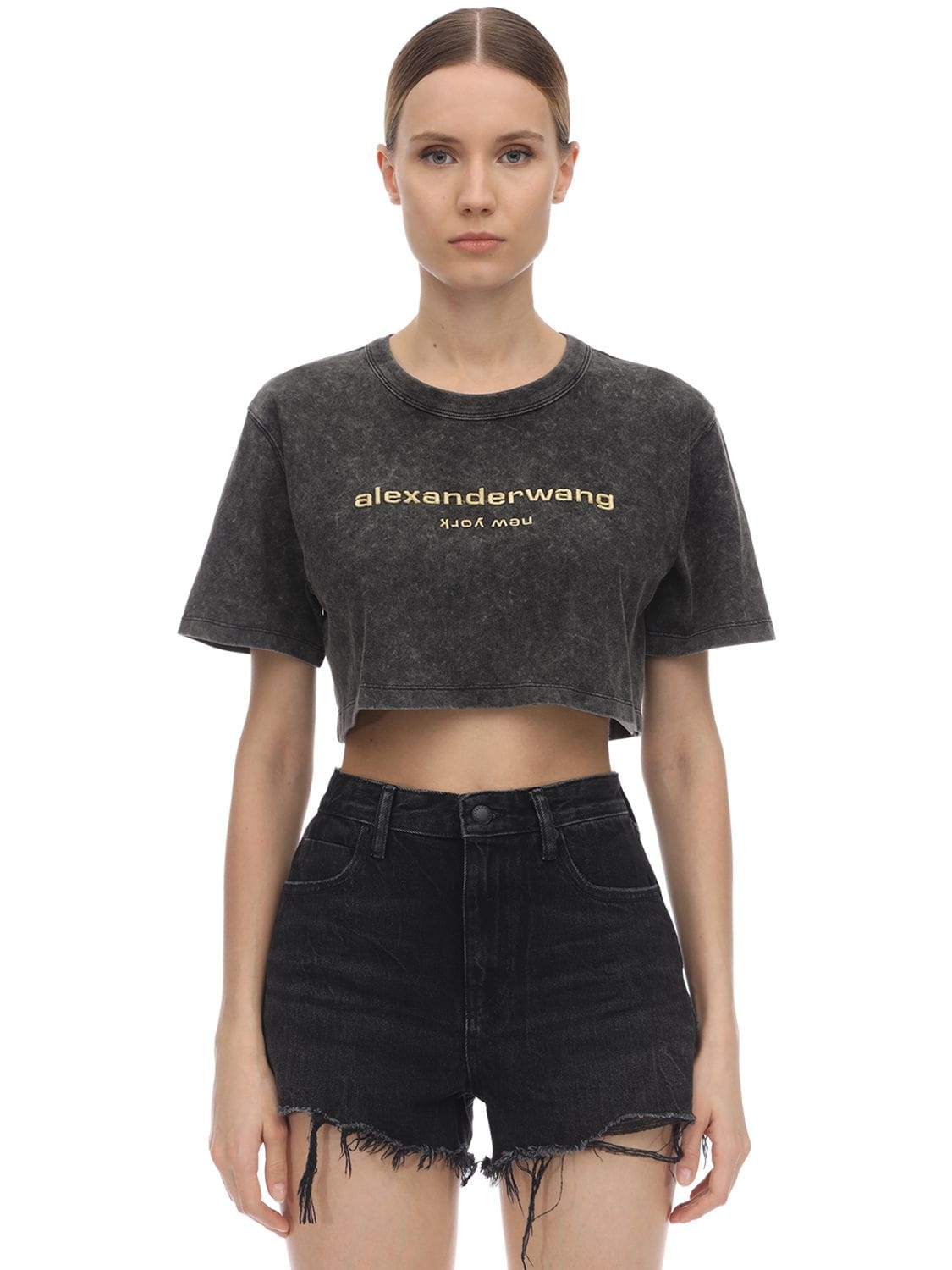 Alexander Wang Cropped Logo Embroidered Cotton T-shirt In Dark
