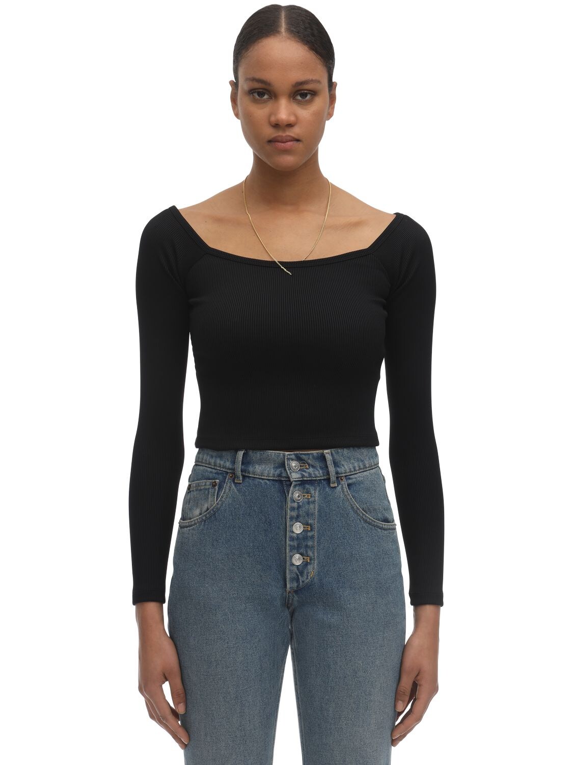 Alexander Wang Chain & Off-the-shoulder Knit Nylon Top In Black