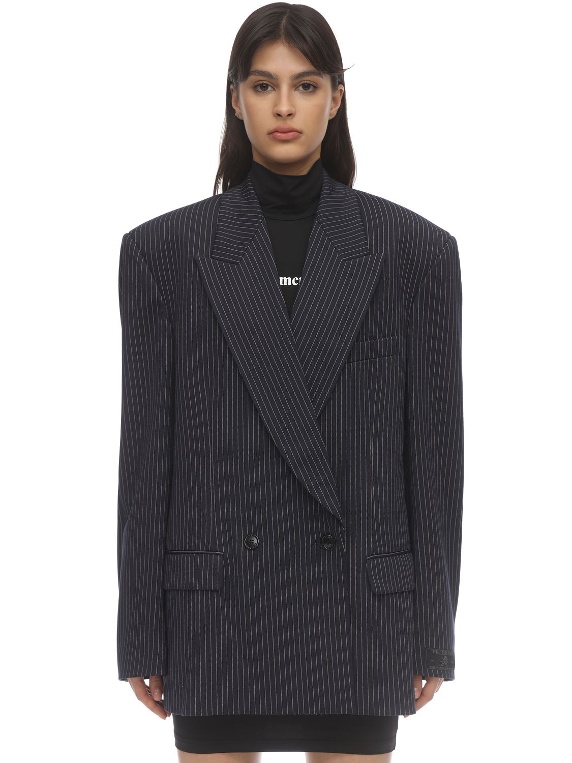 Vetements Navy Pinstripe Double Breasted Jersey Jacket In Blue,white ...