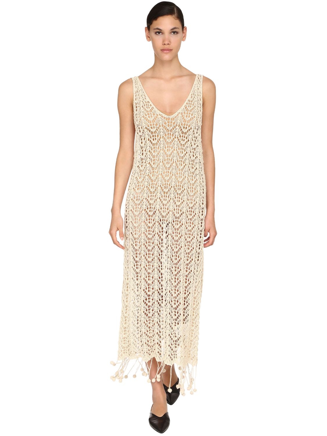 JIL SANDER LONG FRINGED HANDMADE MACRAMÉ DRESS,71I5C7027-MJC40