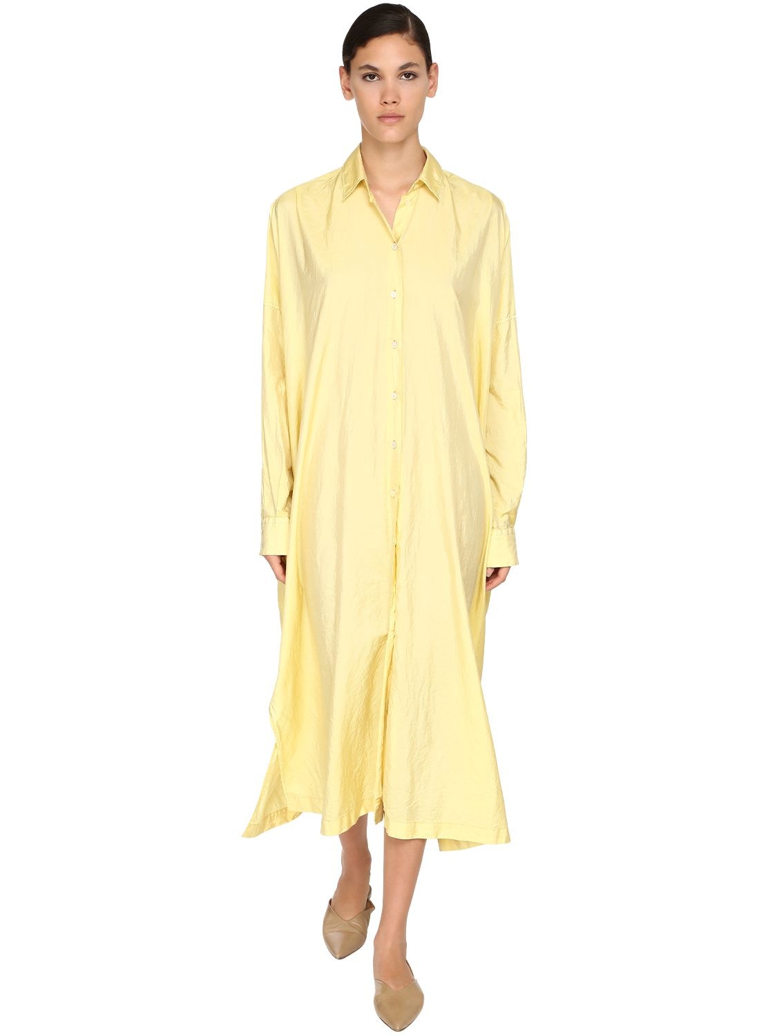 Jil Sander Long Satin Canvas Shirt Dress In Yellow | ModeSens