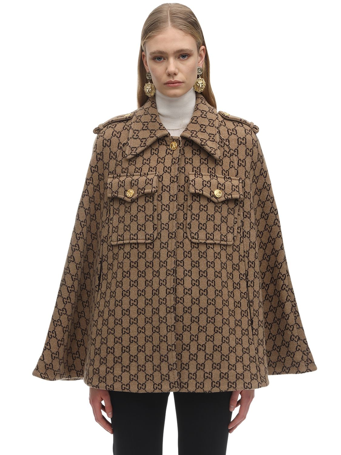 Shop Gucci Gg Wool Cloth Cape In Camel,brown