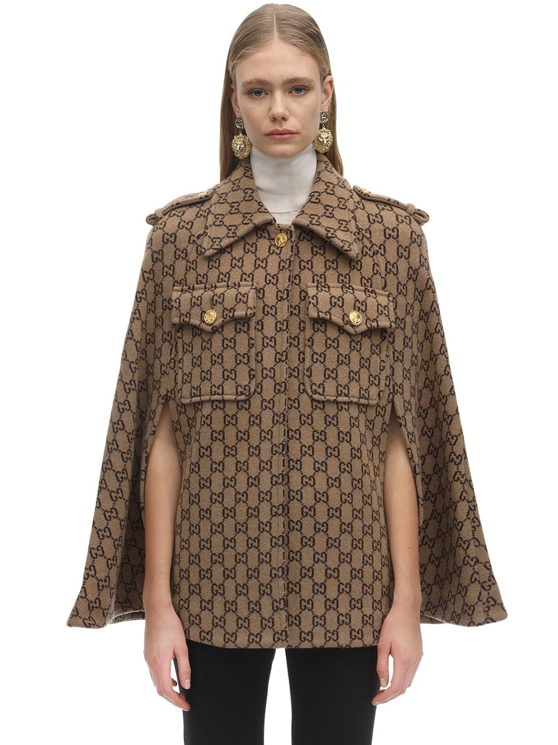 Shop Gucci Gg Wool Cloth Cape In Camel,brown