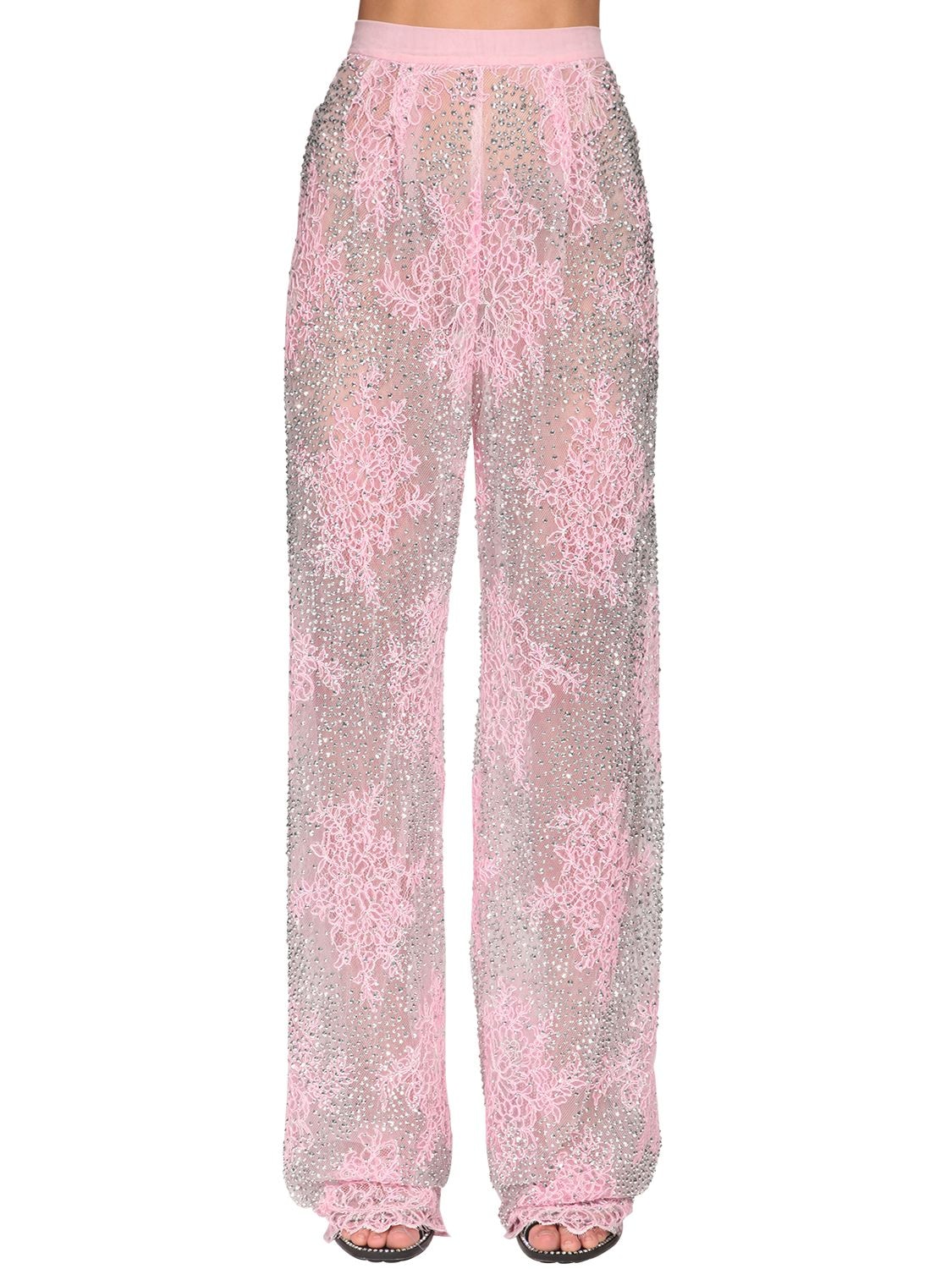 Ermanno Scervino Embellished Sheer Lace Wide Leg Pants In Pink
