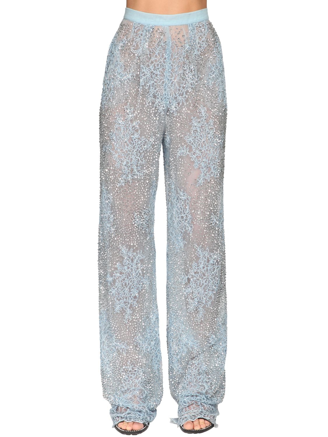 Ermanno Scervino Embellished Sheer Lace Wide Leg Pants In Light Blue