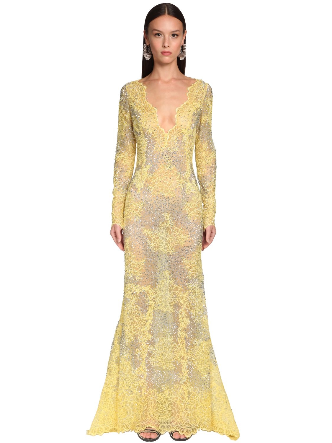 Ermanno Scervino Embellished Sheer Lace Long Dress In Yellow