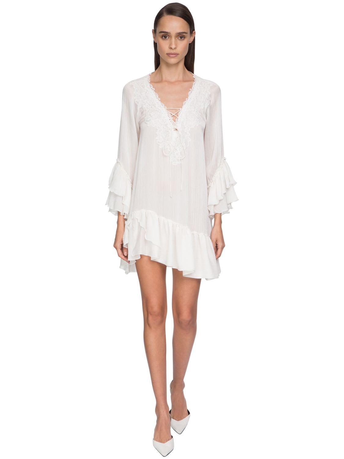 ERMANNO SCERVINO RUFFLED MUSLIN & LACE MINI DRESS,71I5L4002-MTQ4MDA1