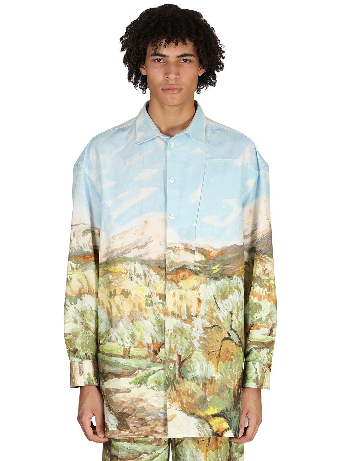 Oversized Printed Cotton & Linen Shirt