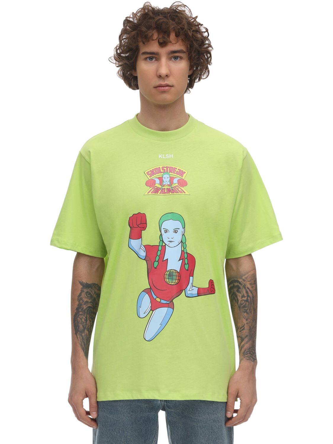 Klsh - Love Stain Hands Hero Printed Cotton T-shirt In Green