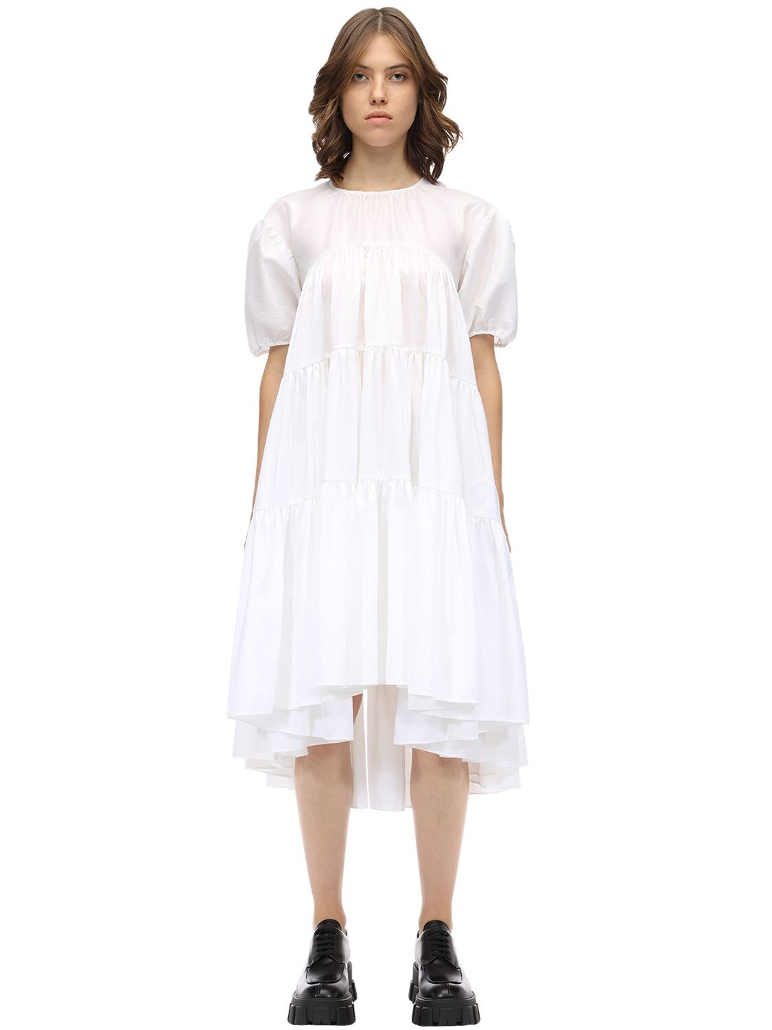 Cecilie Bahnsen Puff Sleeve Ruffled Faille Midi Dress In White