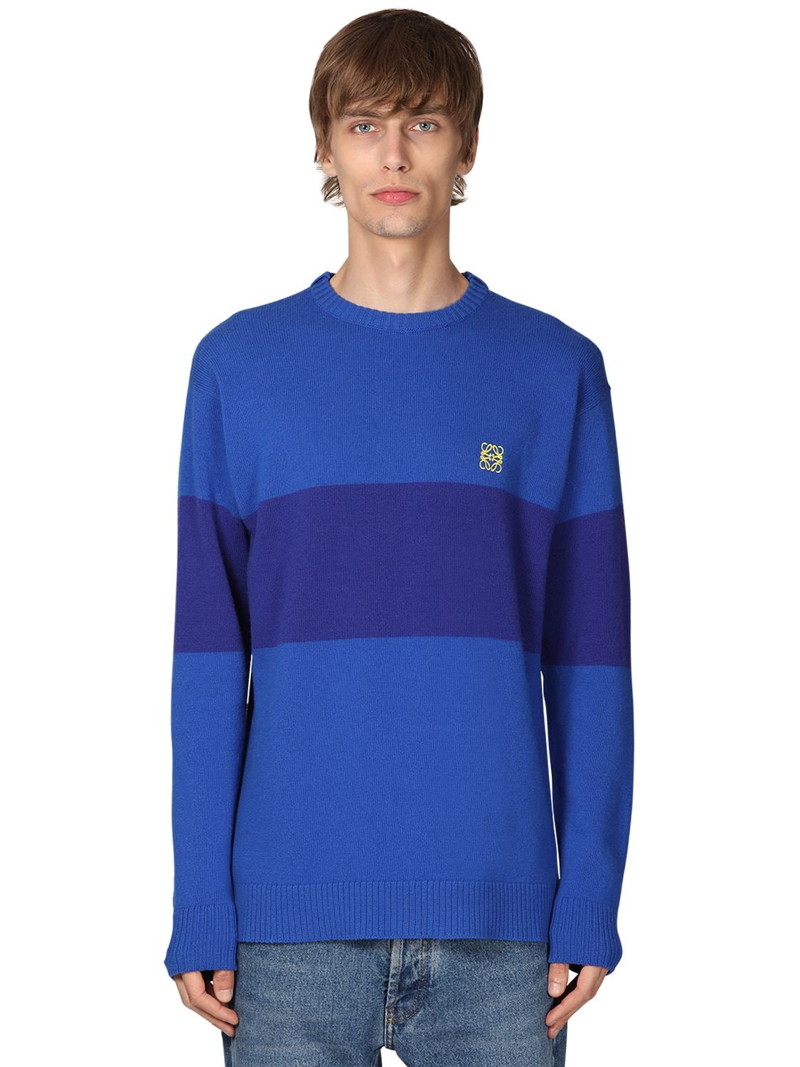 Loewe Anagram Embroidered Stripe Wool Sweater In 5931 Blue/e | ModeSens