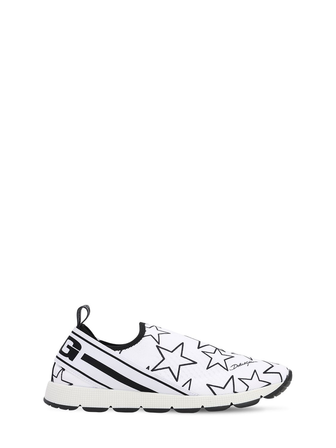 Dolce & Gabbana Kids' Star Printed Knit Slip-on Sneakers In White,black