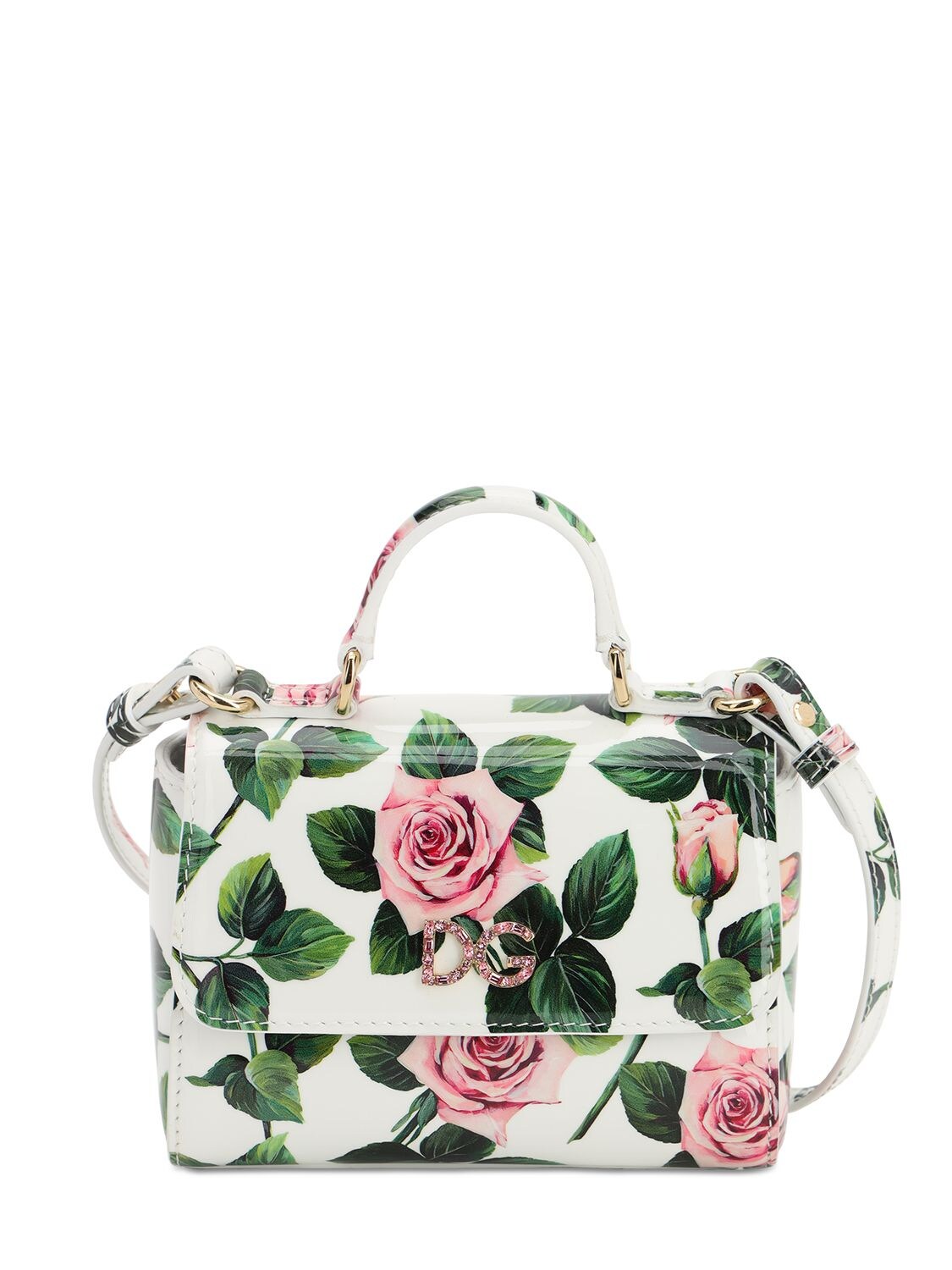 Dolce & Gabbana Rose Printed Patent Leather Shoulder Bag In White
