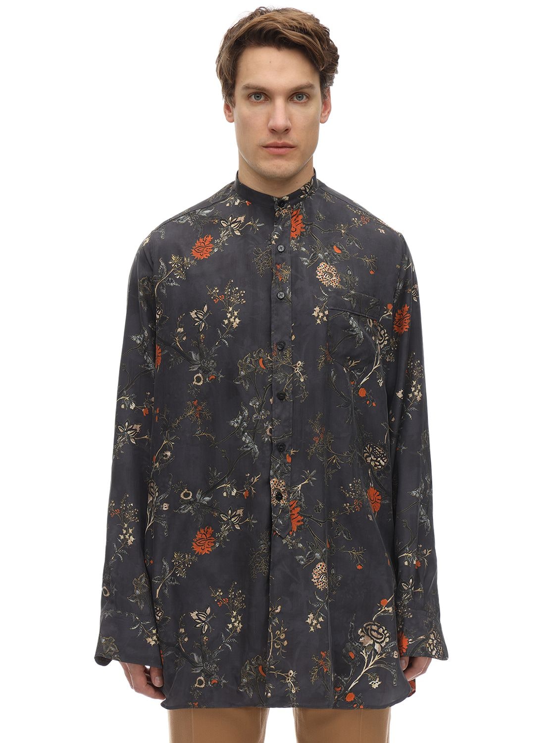 Etro Long Sleeve Floral Print Silk Shirt In Dark Blue | ModeSens