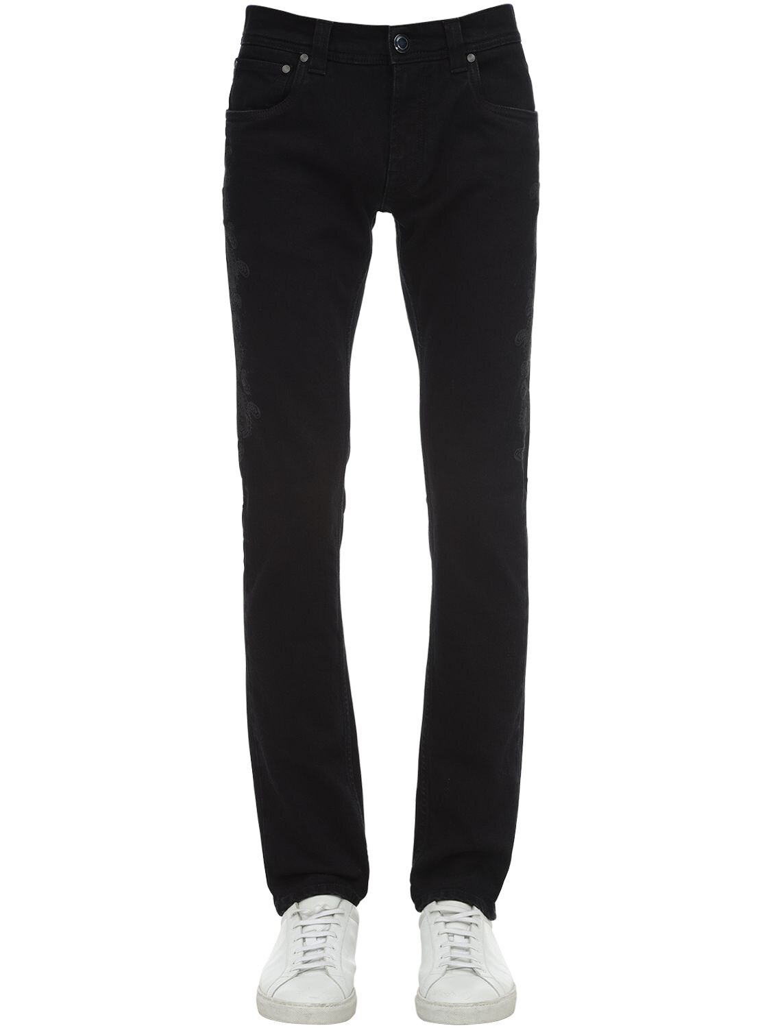 Etro 17.5cm Slim Denim Jeans W/paisley Detail In Black