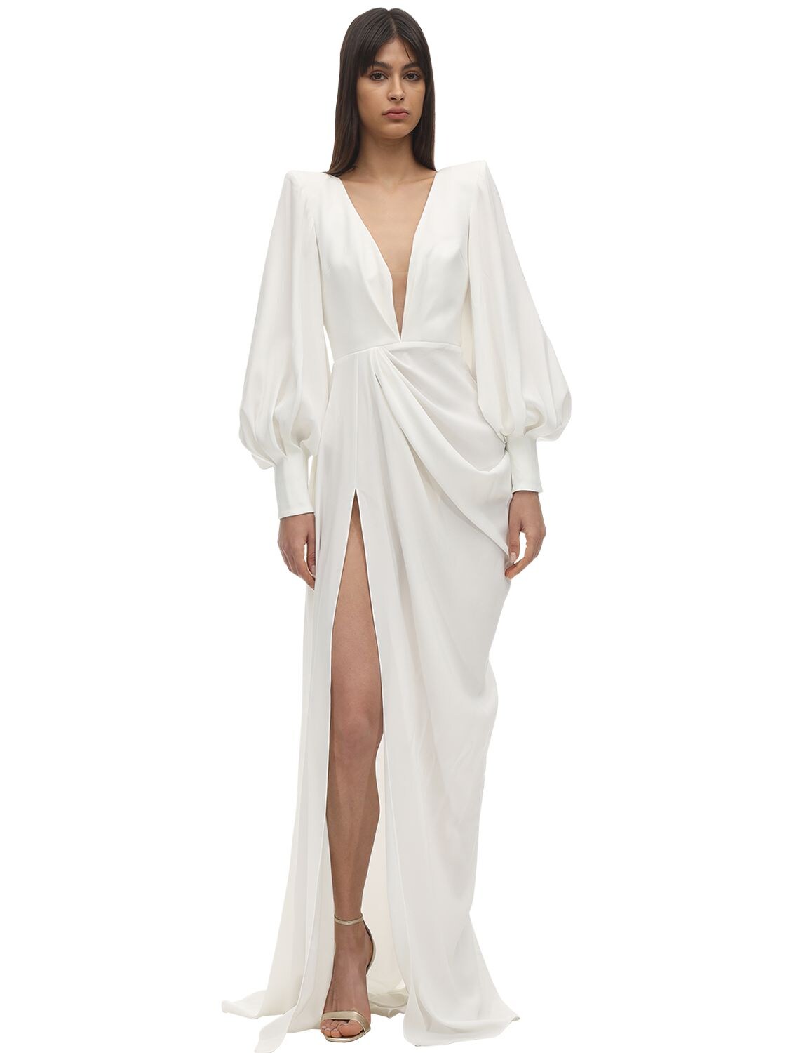 Alex Perry Pleated Satin Crepe Long Dress In White