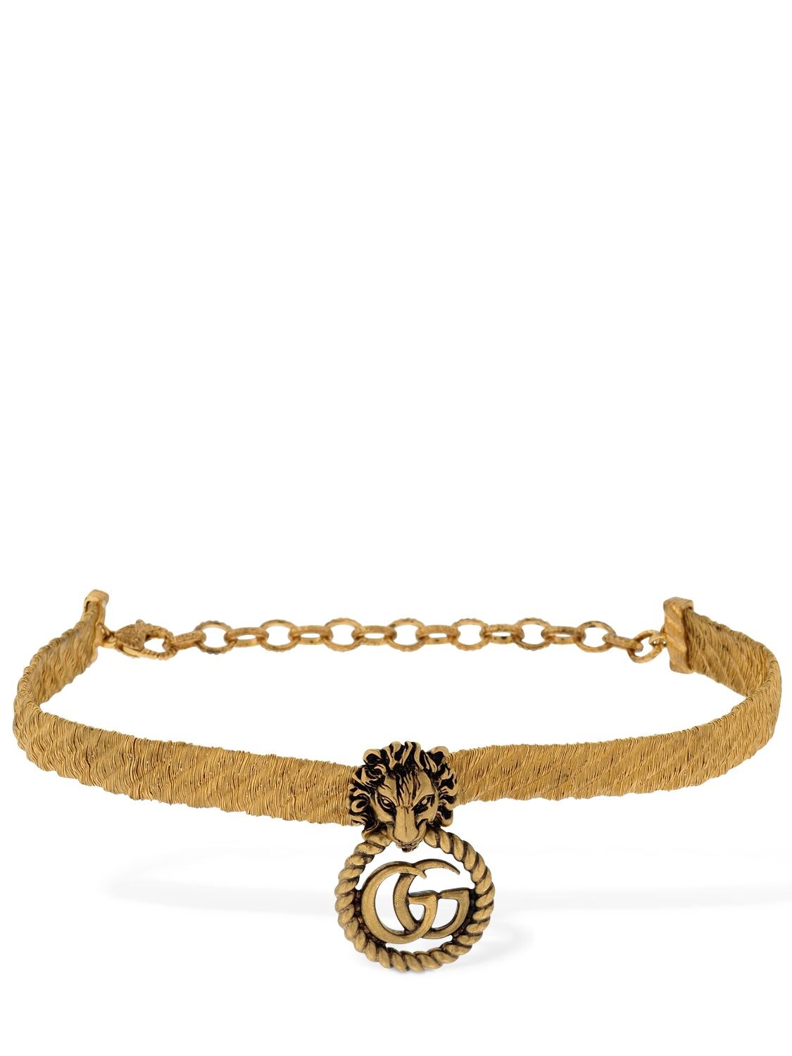 Gucci Vintage Lion Gg Running Choker In Gold