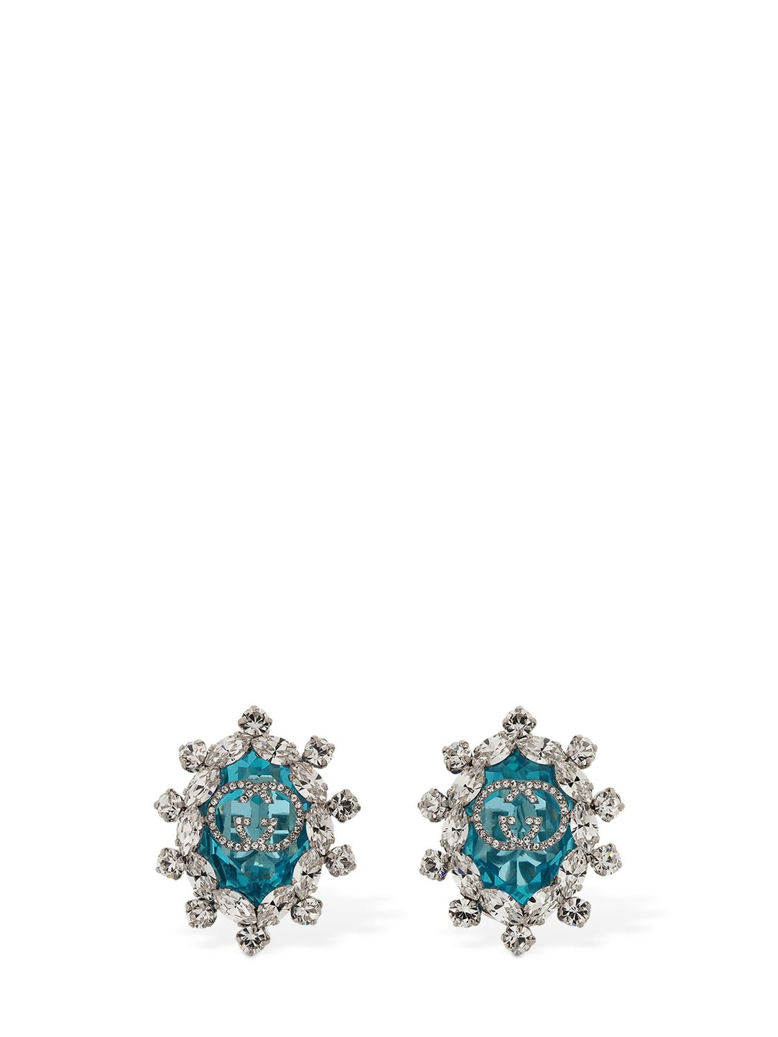 Gucci Gg Interlocking Crystal Clip-on Earrings In Light Blue