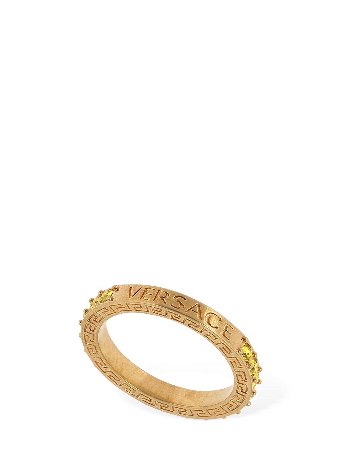 Versace Embellished Logo Ring In Gold,yellow