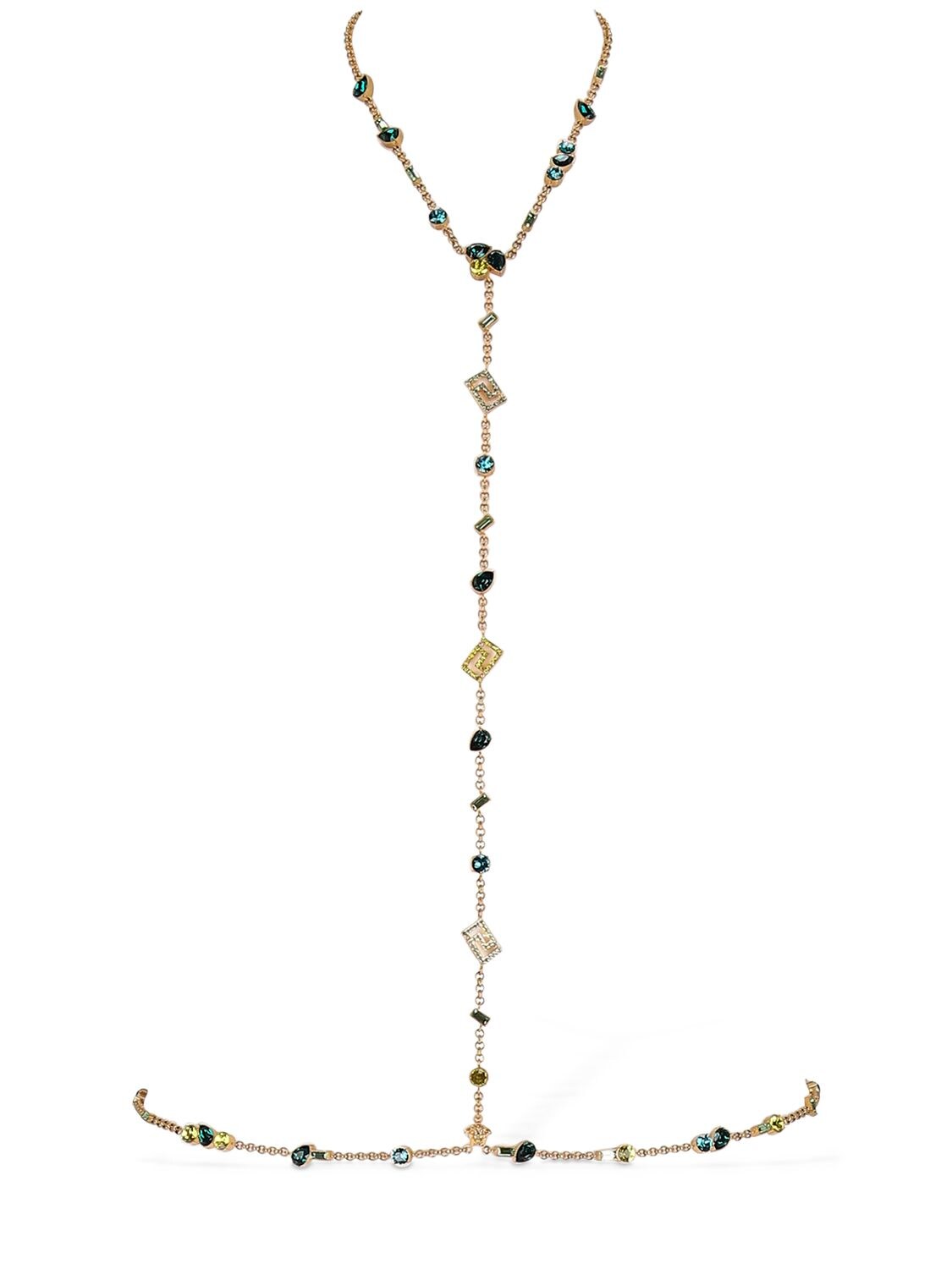 Versace Greek Motif Body Chain W/ Crystals In Gold,green