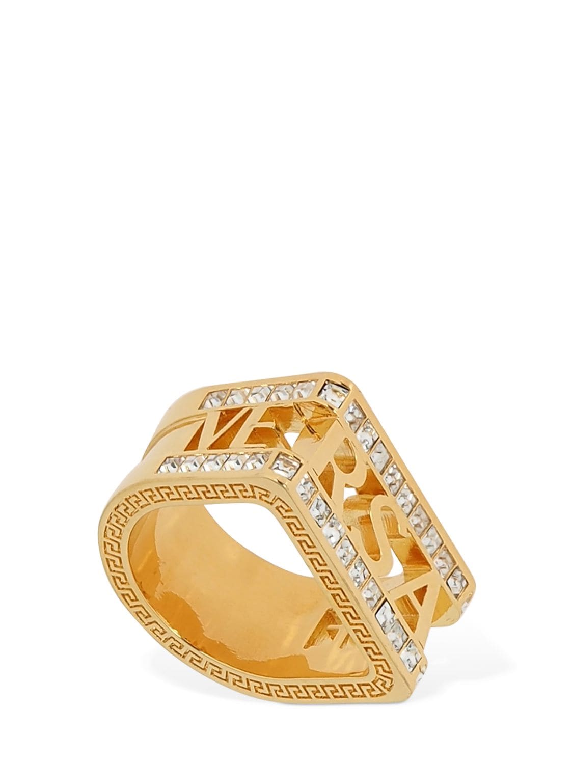 Versace Logo Lettering Signet Ring W/ Crystals In Gold,crystal