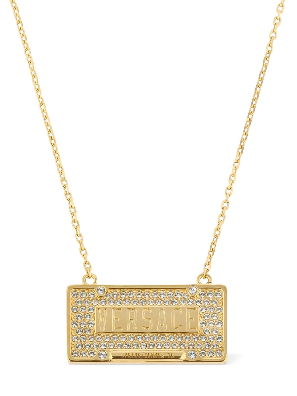 Versace Logo Long Chain Necklace W/ Crystals In Gold,crystal