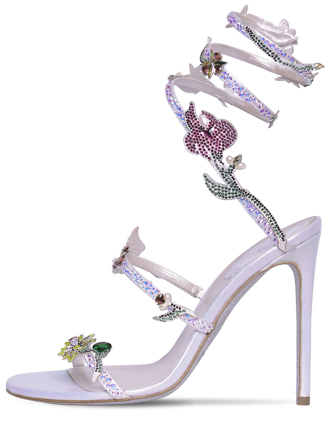 René Caovilla 105mm Satin & Crystal Sandals In White,pearl