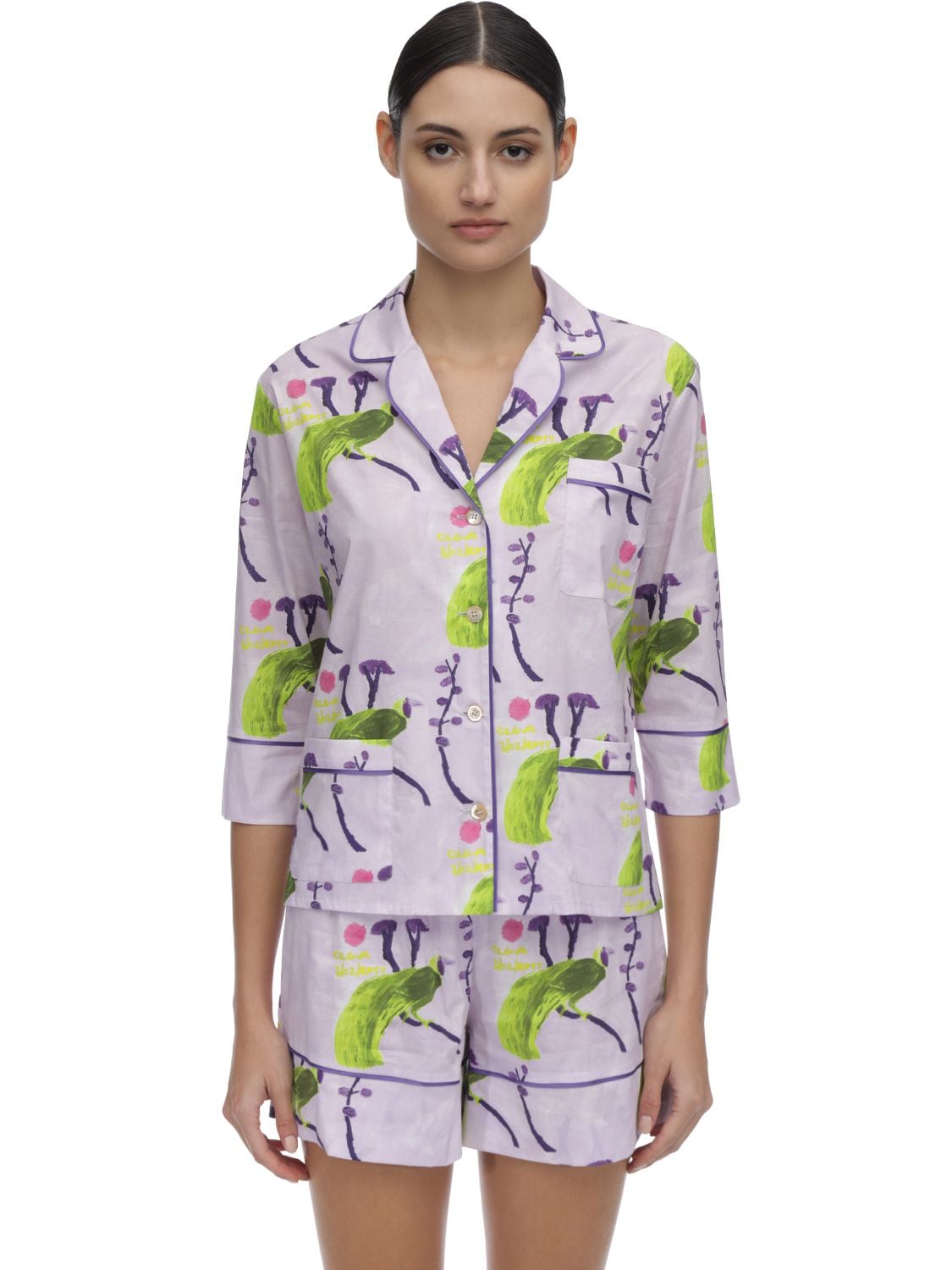 Laura Urbinati Printed Stretch Poplin Pajama Shirt In Lilac,multi