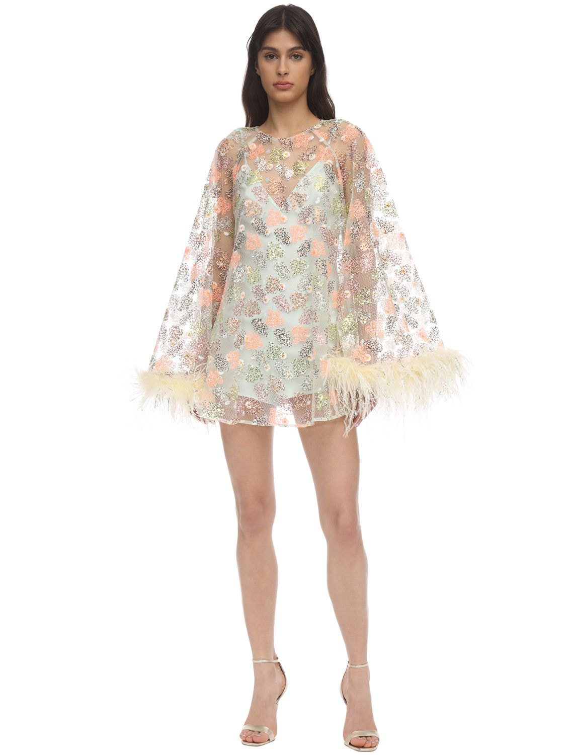 Alice Mccall Sequined Lace Mini Dress W/ Feathers In Yellow,orange